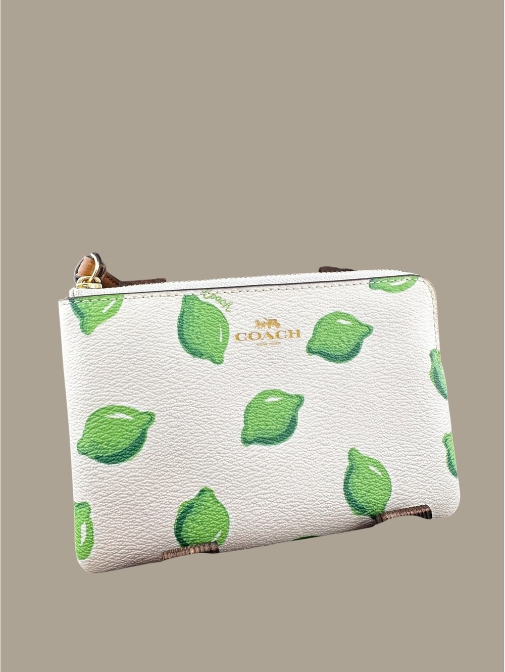 Coach Wristlet with Green Lime Print on White Leather
